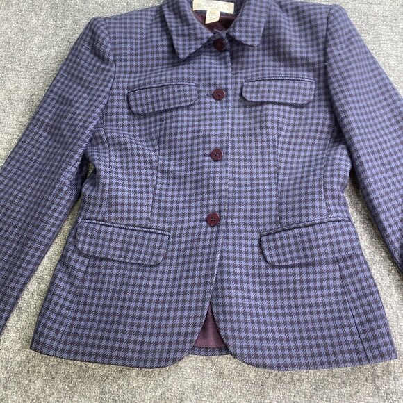 VTG Rene Rowan Saville Jacket Women's 8P Blue Houndstooth Worsted Wool Distress - Picture 3 of 16